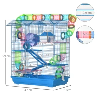 PawHut 5 Tier Hamster Cage, Hamster Habitat for Dwarf Mice, with Tunnel Tube, Exercise Wheel, Water Bottle Dishes, House, Ladder, Blue(m-3)