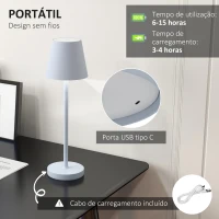 HOMCOM Candeeiro de Mesa com Luzes LED Candeeiro de Mesa Sem Fios Recarregável por USB-C 3 Cores Ø11,2x36,5 cm Branco(m-4)
