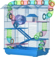 PawHut 5 Tier Hamster Cage, Hamster Habitat for Dwarf Mice, with Tunnel Tube, Exercise Wheel, Water Bottle Dishes, House, Ladder, Blue(m-11)