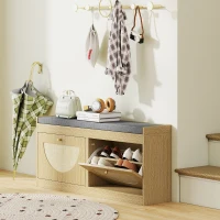 HOMCOM Panca Portascarpe con Sedile Imbottito, Ante Frontali in Rattan e Ripiano Regolabile, per 8 Paia di Scarpe, Legno Naturale(m-2)