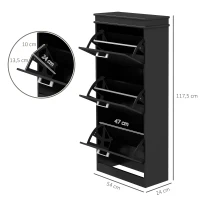 HOMCOM Mueble de zapatos, armario de zapatos 3 puertas abatibles 15 pares, estantes ajustables, 54 x 24 x 117,5 cm, negro(m-3)