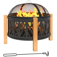 Outsunny Chimenea 2 en 1 Ø75 x 58 cm Fuente de Fuego con Protector contra Chispas Pincho para Brasas Negro(m-6)