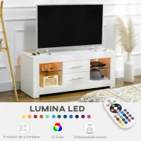 Comoda TV cu LED RGB – 55”, Etajere Sticla & Telecomanda, 12 Culori, 10W(m-4)