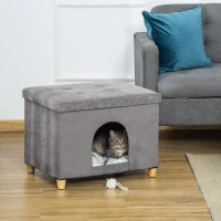 PawHut 2-IN-1 Cat House Footstool with Cushion Wooden Legs Cat Bed Softly Padded Ottoman Elegant Design Removable MDF Plush Gray 60 x 45 x 44.5 cm(m-2)