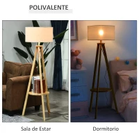 HOMCOM Lámpara de Pie Tipo Trípode con Estructura de Madera Natural y Pantalla de Tela Beige con Estante Integrado 50x50x154 cm(m-6)