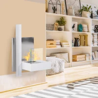 HOMCOM Ethanol Fireplace Bio-Ethanol Burner 0.9L 3 Hrs. Burning Time with Flap Wall Mounting Accessories No Smoke Bauhaus Design Stainless Steel White 75 x 22 x 63 cm(m-2)