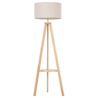 HOMCOM Lámpara de Pie Tipo Trípode con Estructura de Madera Natural y Pantalla de Tela Beige con Estante Integrado 50x50x154 cm(m-10)