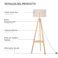 HOMCOM Lámpara de Pie Tipo Trípode con Estructura de Madera Natural y Pantalla de Tela Beige con Estante Integrado 50x50x154 cm(m-4)