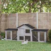 Pawhut Small Animal Hutch with 2 Outdoor Runs Asphalt Roof Fir Wood Gray + Black(m-2)