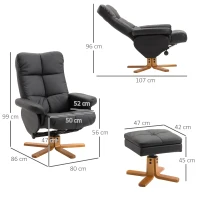 HOMCOM Relax Armchair with Footstool, Storage Space, Padded TV Armchair with Reclining Function, 360° Swivel TV Armchair for Bedroom, Living Room, Artificial Leather, Black(m-3)