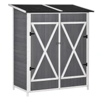 Outsunny Wooden Garden Storage Shed with Flexible Table, Hooks and Ground Nails, Lockable Tool Organizer Sheds with Asphalt Roof, 139 x 75 x 160cm, Dark Grey(m-10)