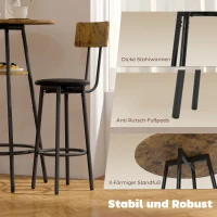 HOMCOM 3-delige Bartafelset met 2 gestoffeerde krukken, kunstleer bekleding, rugleuning, metalen frame, Bruin(m-6)