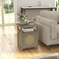 HOMCOM Comodino con Scaffale Aperto e Vano con Anta in Rattan, 40x35x55 cm, Legno Naturale(m-5)