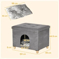 PawHut 2-IN-1 Cat House Footstool with Cushion Wooden Legs Cat Bed Softly Padded Ottoman Elegant Design Removable MDF Plush Gray 60 x 45 x 44.5 cm(m-3)