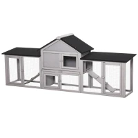 Pawhut Small Animal Hutch with 2 Outdoor Runs Asphalt Roof Fir Wood Gray + Black(m-6)