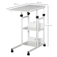 HOMCOM Side table with wheels, height adjustable, compact, 2 shelves, metal frame, 80x40x72-82 cm, White(m-3)