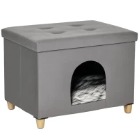 PawHut 2-IN-1 Cat House Footstool with Cushion Wooden Legs Cat Bed Softly Padded Ottoman Elegant Design Removable MDF Plush Gray 60 x 45 x 44.5 cm(m-6)