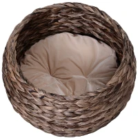 PawHut Water Hyacinth Cat Basket with Cushion, Cat Bed, Pet Bed, 50 cm x 42 cm x 60 cm, Brown + Beige(m-5)
