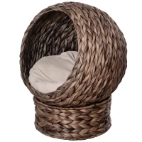 PawHut Water Hyacinth Cat Basket with Cushion, Cat Bed, Pet Bed, 50 cm x 42 cm x 60 cm, Brown + Beige(m-6)