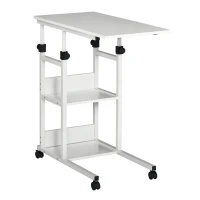 HOMCOM Side table with wheels, height adjustable, compact, 2 shelves, metal frame, 80x40x72-82 cm, White(m-6)