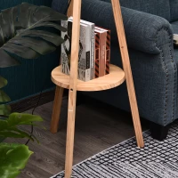 HOMCOM Lámpara de Pie Tipo Trípode con Estructura de Madera Natural y Pantalla de Tela Beige con Estante Integrado 50x50x154 cm(m-8)