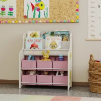 AIYAPLAY Spielzeugregal mit 6 Stoffschubladen und 2-stufigem Bücherregal, aus Holz und Stahl, 63x30x71 cm, Rosa(m-4)