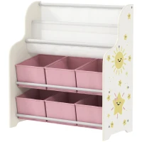 AIYAPLAY Spielzeugregal mit 6 Stoffschubladen und 2-stufigem Bücherregal, aus Holz und Stahl, 63x30x71 cm, Rosa(m-6)
