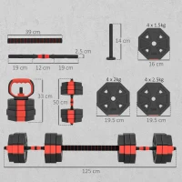 SPORTNOW Set di Manubri 4-in-1, con funzione di manubri, kettlebel e Bilanciere, regolabili, 25 KG, Rosso(m-3)