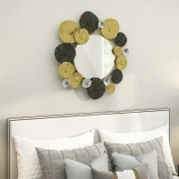 HOMCOM Metallische Wanddekoration mit Dekospiegel für Wohnzimmer Schlafzimmer Flur 84x84 cm Gold und Schwarz(m-4)