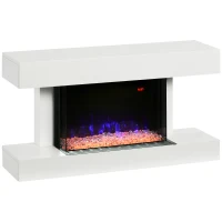 HOMCOM Elektrische haard, wandhaard met verwarming 2000 W, LED 3D vlammen effect, Kristallen, in 11 kleuren met 3 helderheidsniveaus, Elektrische haard met afstandsbediening, Timer, Wandmontage, Wit(m-10)