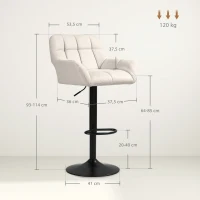 HOMCOM Taburetes de Bar 2er Set Diseño Retro Ajustables en Altura Piel Sintética con aspecto de lino Crema + Negro(m-3)