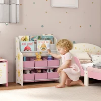 AIYAPLAY Spielzeugregal mit 6 Stoffschubladen und 2-stufigem Bücherregal, aus Holz und Stahl, 63x30x71 cm, Rosa(m-2)