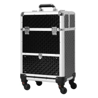 HOMCOM Mala de Maquilhagem Profissional com Gaveta Mala de Maquilhagem com Rodas para Viagem Trabalho 34x25x62 cm Preto(m-10)