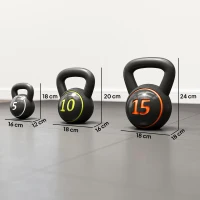 SPORTNOW Kettlebell Set, 3 Kettlebells 2,2kg/4,5kg/6,8kg, Kunststofomhulsel, Zwart(m-3)