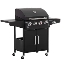 Outsunny Gasgrill BBQ mit 3 Brennern je 3 kw mobiler Grillwagen mit 4 Rädern Grillnetz Seitentischen Druckminderer Schläuche Schrank Multifunktion Metall Schwarz 132,4cm x 55cm x 109cm(m-11)
