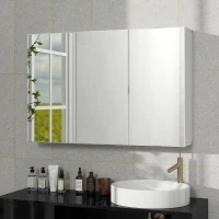 HOMCOM Badezimmerspiegelschrank, Badschrank mit 3 Spiegeltüren, Wandmontage, 90 x 15,5 x 60 cm, Spanplatte, Weiß(m-8)