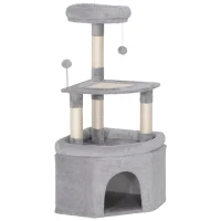 PawHut Albero tiragraffi per gatti con palo in sisal, piattaforma e rifugio, 49x49x114cm, Grigio chiaro(m-1)