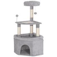 PawHut Kratzbaum mit Sisal-Kratzflächen, Plattform, Höhle, Plüschstoff, Bälle, 49x49x114cm Hellgrau(m-6)