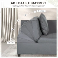 HOMCOM Fotel rozkładany, 2-osobowy fotel z funkcją spania, składany fotel tapicerowany z 2 poduszkami, pokrowiec z lnu, Ciemnoszary(m-5)