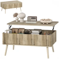 HOMCOM Couchtisch mit höhenverstellbarer Tischplatte, Wohnzimmertisch mit 2 versteckten Fächern und Kiefernholzbeinen, 91 x 56 x 43 cm, Eiche(m-6)