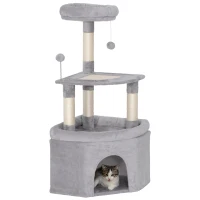 PawHut Kratzbaum mit Sisal-Kratzflächen, Plattform, Höhle, Plüschstoff, Bälle, 49x49x114cm Hellgrau(m-7)