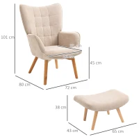 HOMCOM Poltrona com Apoio para os Pés Encosto Alto Pés em Madeira e Tecido em Veludo Cotelê para Sala Quarto Bege(m-3)