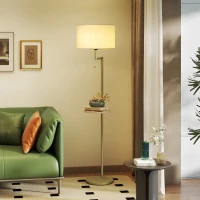 HOMCOM Moderne Stehlampe mit Regal Leinenschirm Kettenauslöser und USB-Anschluss Ø40x170 cm für Wohnzimmer Gold(m-2)