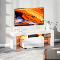 HOMCOM TV-Möbel, TV-Ständer mit RGB-LED-Beleuchtung, Hochglanz, gehärtete Glasregale, 120x34x45cm, Weiß(m-4)
