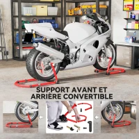 HOMCOM Béquille roue avant arrière charge 390kg béquille d'atelier moto bras réglable en acier, fourche en forme de U + L rouge(m-4)