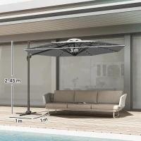 Outsunny 3(m) Cantilever Roma Parasol Patio Sun Umbrella with Crank & Tilt LED Solar Light Cross Base 360° Rotating Outdoor, Dark Grey(m-3)