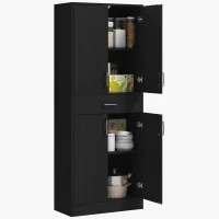HOMCOM Highboard Küchenschrank 4 Türen 2 Schränke und 1 zentrale Schublade Höhe 180 cm mit 2 höhenverstellbaren Regalen Schwarz(m-7)