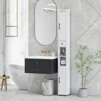 HOMCOM Hochschrank Badezimmer, Badezimmerschrank Säule, 2 Türen, Schublade, verstellbare Regale, 20x20x185cm, Weiß(m-4)