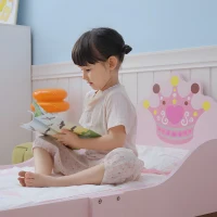 HOMCOM Cama Infantil +3 Anos 143x73x60 cm com Estampado Coroa Carga 50 kg para Quarto Rosa(m-8)