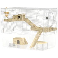 PawHut Cage à hamster à 3 niveaux, cage rongeur avec roue d'exercice, plateau profond transparent, 59 x 35,5 x 47 cm, blanc(m-1)